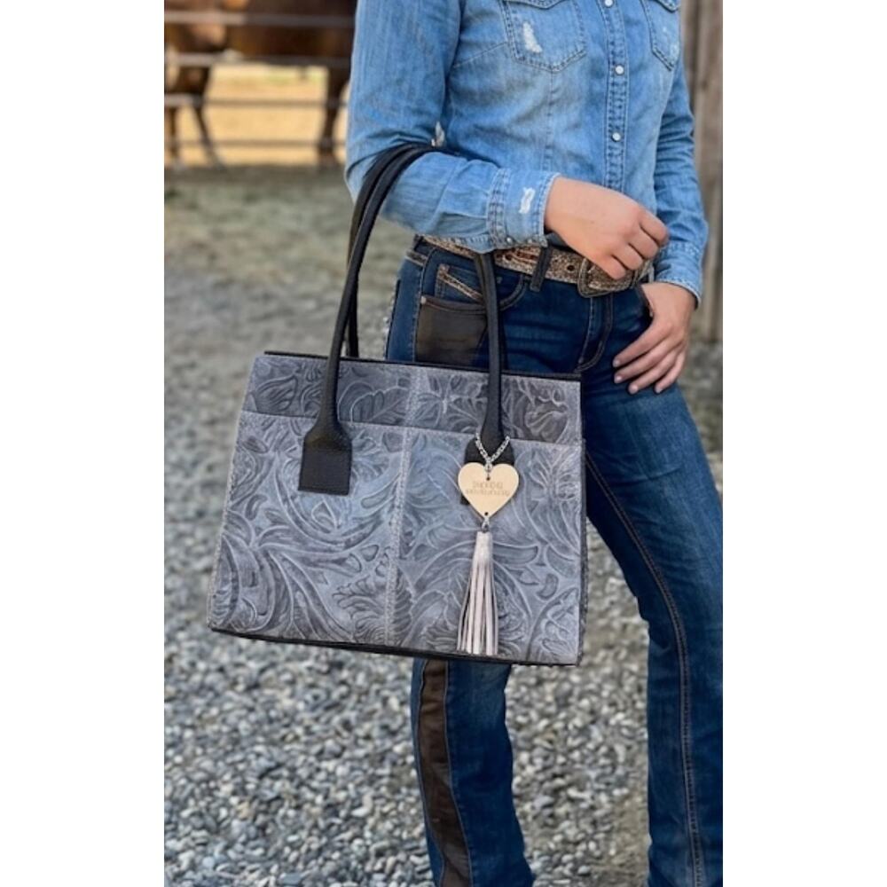Handcrafted Grey with Black Tooled Bag Leather
